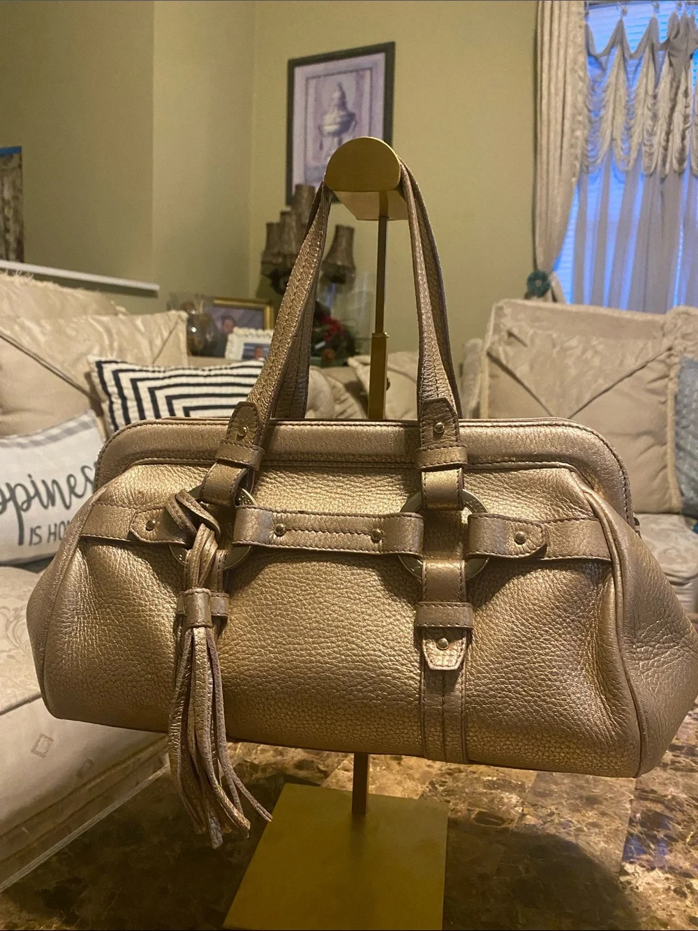 Bally Metallic Gold Leather Satchel with Tassel